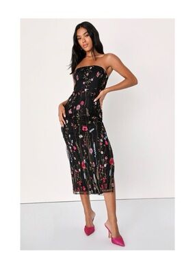 Strapless Black Midi Dress with Pink Floral Embroidery